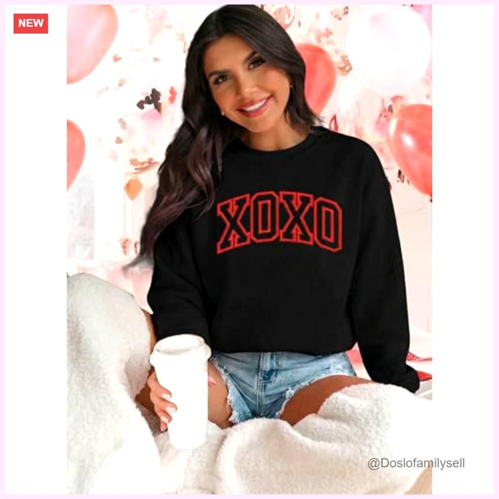 Valentine Embroidered Striped Sweatshirt Long Sleeve Top Cozy Ribbed Knit - Picture 3 of 5